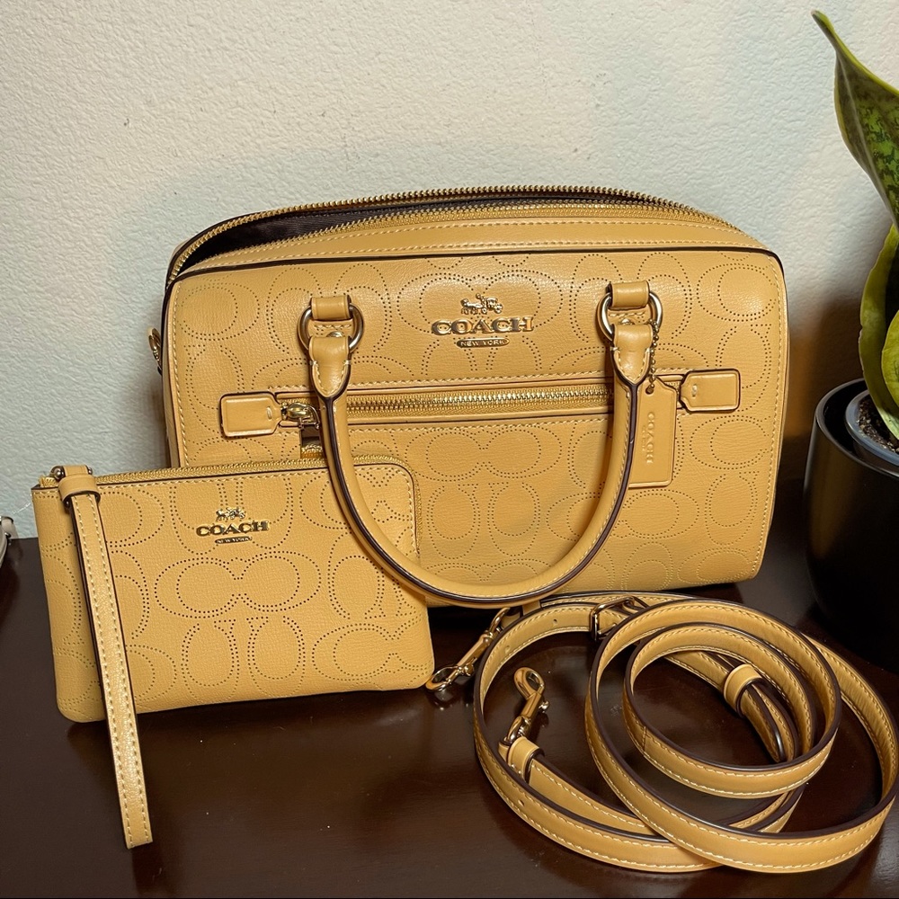 COACH 1006 Rowan Satchel Crossbody Bag Leather in Honey Yellow with Wristlet